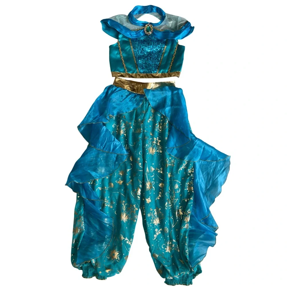 Disney Princess Jasmine Costume Kids M 9/10 Turquoise Gold Sequin 2 pc Set